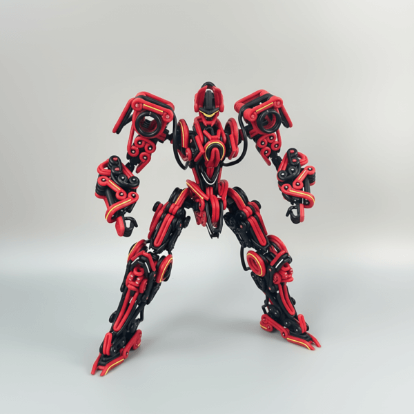 Macro detail of handcrafted red and black wire mecha showing intricate metal craftsmanship.