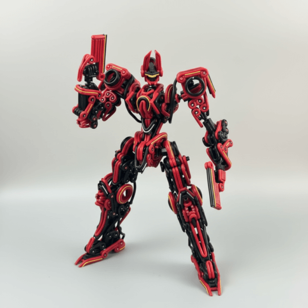 Handcrafted Wire Mecha model equipped with alternate pistol weapon accessory, dynamic industrial art piece.