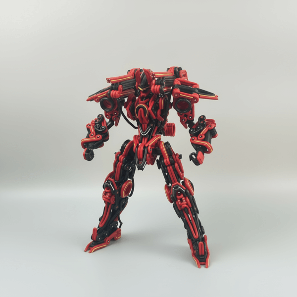 Handcrafted Wire Mecha - Crimson Vanguard full body industrial metal sculpture with chainsaw weapon pose.